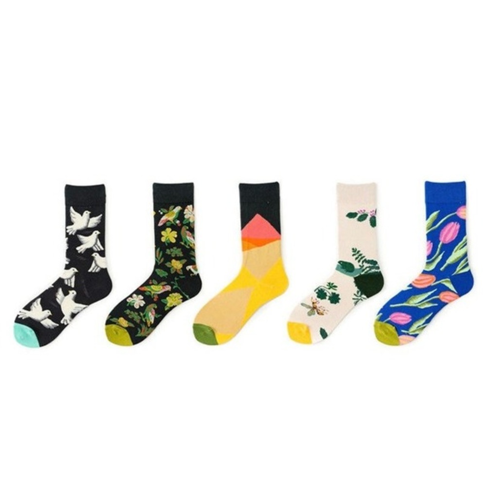 Crew Socks Women One Size Multicolor Like New Floral Bird Geometric 5 Pair Set